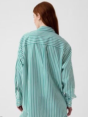 GAP Organic Cotton Poplin Green and White Striped Button-Down Big Shirt